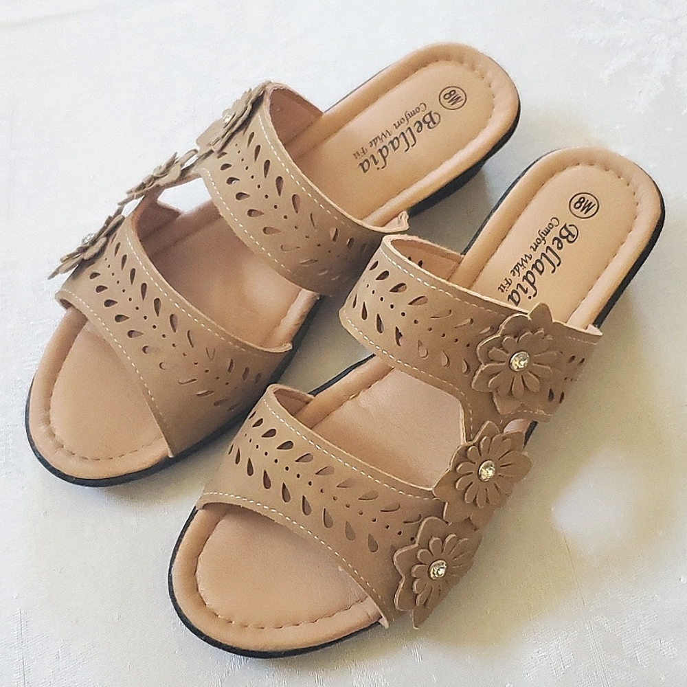 Belladia Comfort Wide Tan Beige Floral Shoes Women's Size 8W